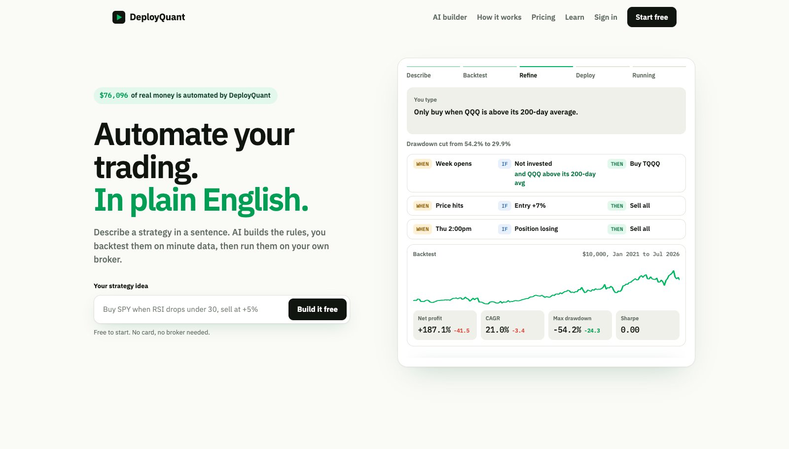 DeployQuant app · Automate your trading in plain English. (Fintech app development project by Praneet Sah)