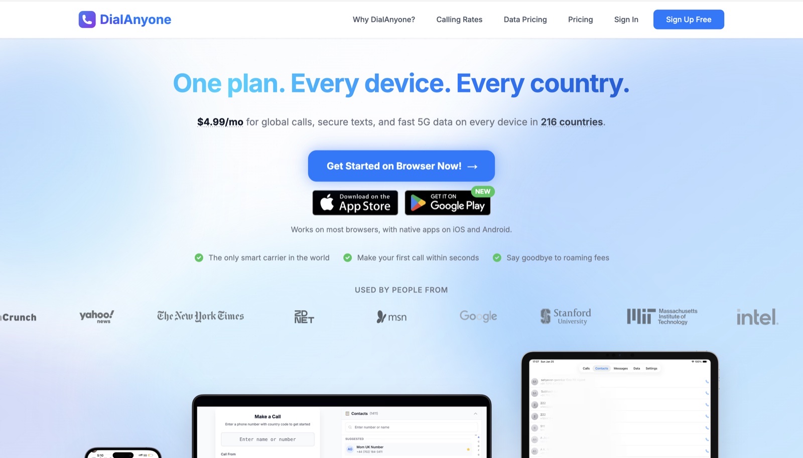 DialAnyone app · Call, text & data in 200+ countries from $4.99/mo. (Telecom app development project by Praneet Sah)